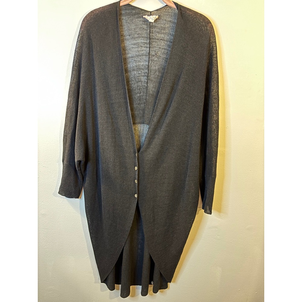 Eileen Fisher Black Linen Cocoon Long Cardigan Sweater L Lagenlook